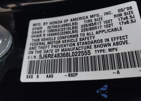 2008 Honda Cr-V Lx z USA, uszkodzony, nr VIN 5J6RE48368L022555